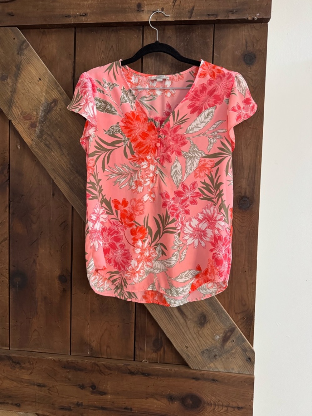 LOFT Coral Pink Floral V-Neck Short Sleeve Blouse